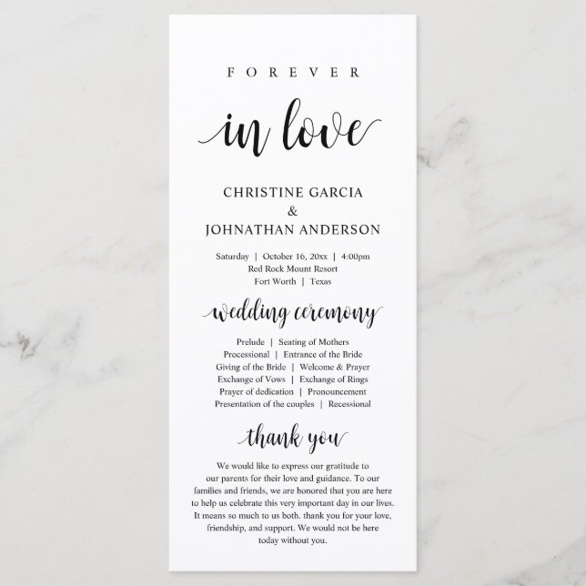 Forever in love, Modern Wedding Ceremony Programme (Front)