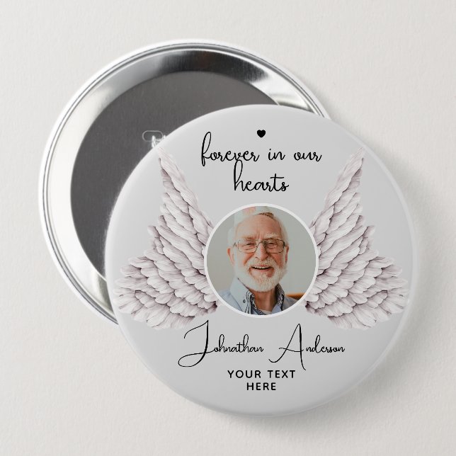Forever In Our Hearts Angel Wings Photo Funeral 10 Cm Round Badge (Front & Back)