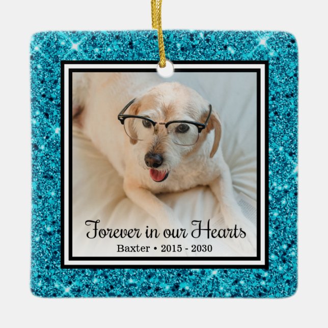 Forever In Our Hearts Aqua Glitter Dog Ceramic Ornament (Front)