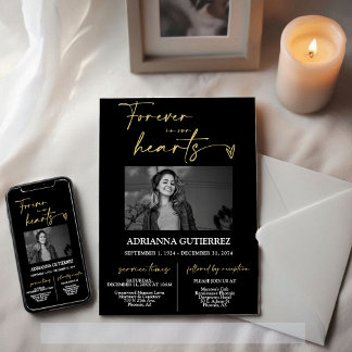 Forever in Our Hearts Black Gold Funeral Memorial Invitation