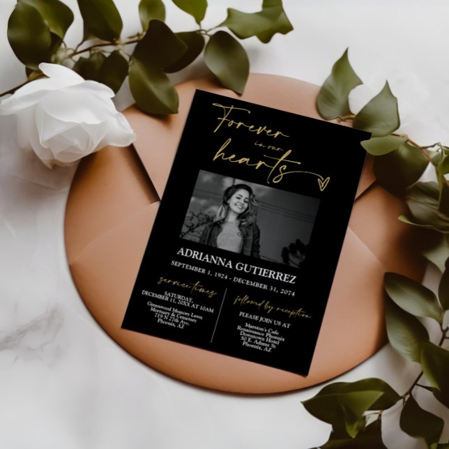 Forever in Our Hearts Black Gold Funeral Memorial Invitation (Creator Uploaded)