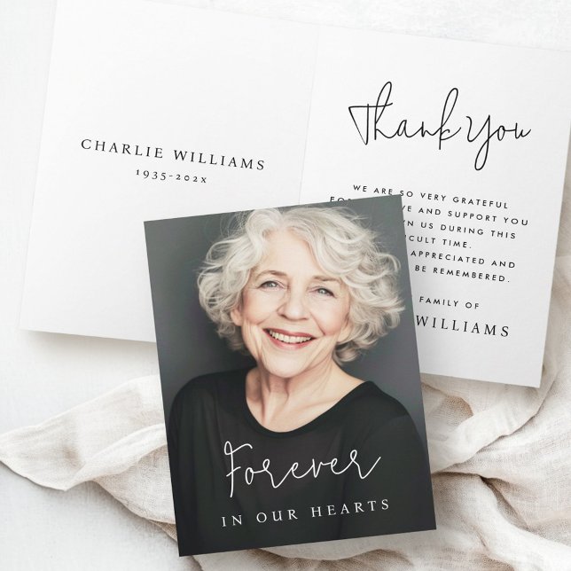 Forever in our hearts casual script funeral photo thank you card (Forever in our hearts casual script funeral photo thank you card)
