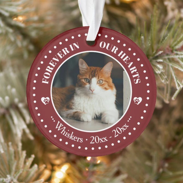 Forever in Our Hearts Cat Photo and Name Memorial Ornament (Tree)