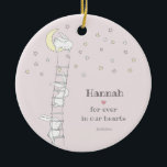 Forever in our Hearts Cute Loss of Child Keepsake Ceramic Tree Decoration<br><div class="desc">NewParkLane - Sweet Keepsake Memorial Ornament, suited for the loss of a baby / child, featuring two simple hand-drawn bunnies climbing up to the sky on a robe ladder to a cute baby bunny sitting on the moon, among the little pink, yellow and white stars, with 'Forever in our Hearts’...</div>