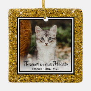 Forever In Our Hearts Gold Glitter Cat Memorial Ceramic Ornament