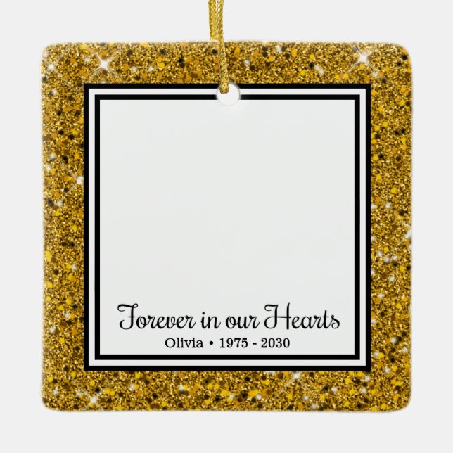 Forever In Our Hearts Gold Glitter Memorial Ceramic Ornament (Front)