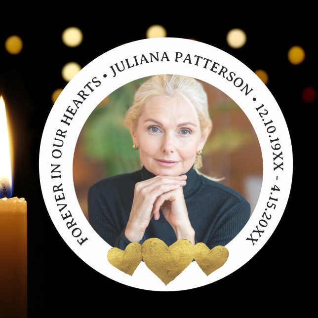 Forever in our Hearts Gold Keepsake Funeral Photo  Classic Round Sticker (Creator Uploaded)
