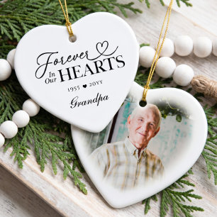 Forever in Our Hearts Grandpa Heart Photo Memorial Ceramic Tree Decoration