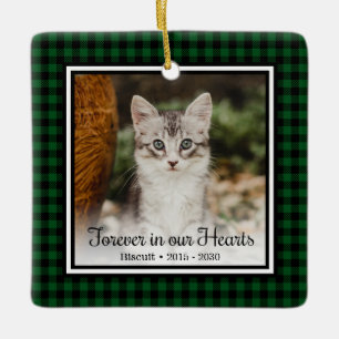Forever In Our Hearts Green Buffalo Plaid Cat Ceramic Ornament