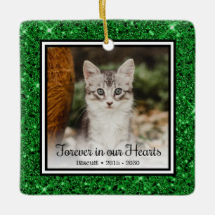 Forever In Our Hearts Green Glitter Cat Memorial Ceramic Ornament