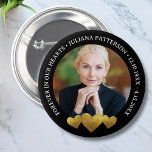 Forever in our Hearts Keepsake Funeral Photo  6 Cm Round Badge<br><div class="desc">Honour your loved one with this beautiful button featuring a photo highlighted by 3 faux gold brushstroke hearts.  Add your custom text to personalise.  Easily change the background colour to suit your needs. The perfect keepsake memory to hand out to family and friends.</div>