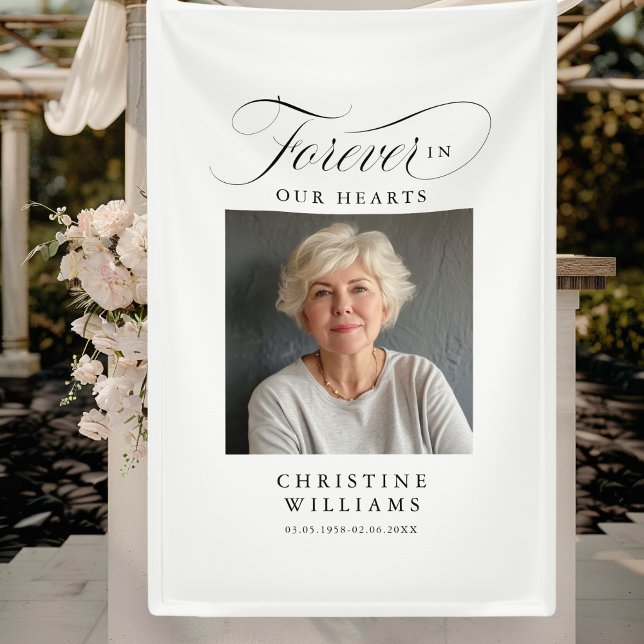 "Forever in our Hearts" Memorial, Name, Photo Banner (Banner
"Forever in our Hearts" In loving, Memory Banner. Elegant, script font, with photo & name.)