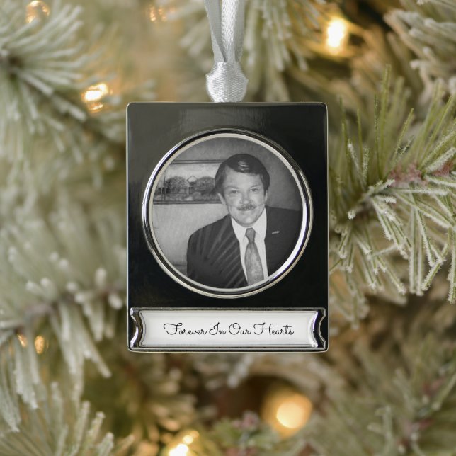 FOREVER IN OUR HEARTS Memorial PHOTO Keepsake Silver Plated Banner Ornament (Tree)