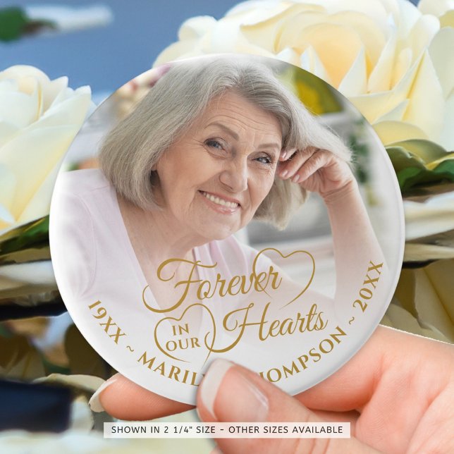 Forever In Our Hearts Memorial Photo Name Gold 6 Cm Round Badge (Creator Uploaded)