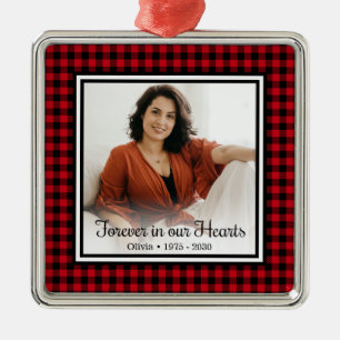 Forever In Our Hearts Memorial Red Buffalo Check Metal Tree Decoration