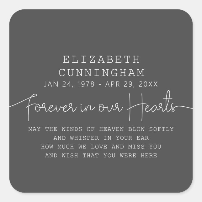 Forever In Our Hearts Memorial Simple Modern Quote Square Sticker (Front)