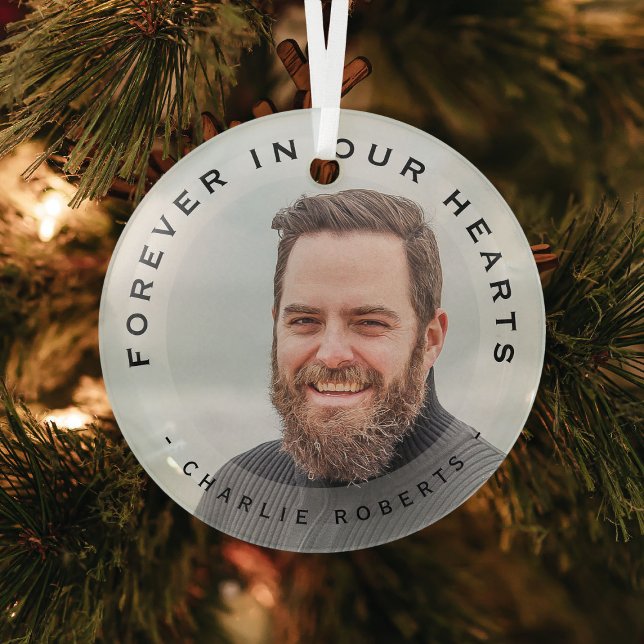 Forever in our Hearts Modern Overlay Photo  Glass  Tree Decoration (Creator Uploaded)