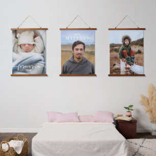 Forever In Our Hearts Name 3 Photo Memorial Hanging Tapestry