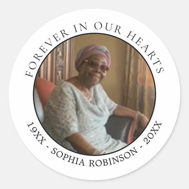 Forever In Our Hearts Photo Funeral Memorial Classic Round Sticker (Front)