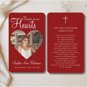 Forever in Our Hearts Photo Red Prayer Card
