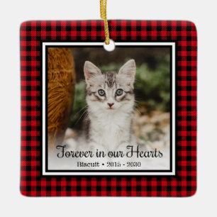 Forever In Our Hearts Red Buffalo Plaid Cat Ceramic Ornament