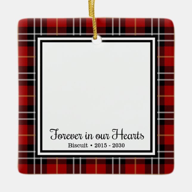 Forever In Our Hearts Red Plaid Cat Memorial Ceramic Ornament (Front)