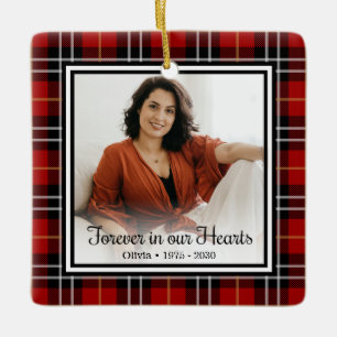 Forever In Our Hearts Red Plaid Memorial Ceramic O Ornament