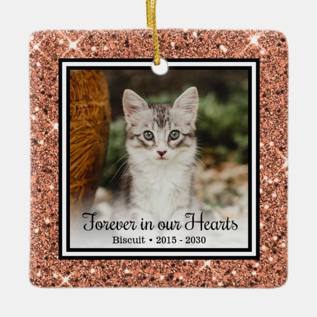 Forever In Our Hearts Rose Gold Glitter Cat  Ceramic Ornament (Front)