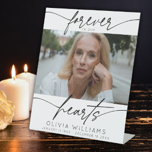 Forever In Our Hearts Simple Script Photo Funeral Pedestal Sign