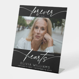 Forever In Our Hearts Simple Script Photo Funeral Pedestal Sign