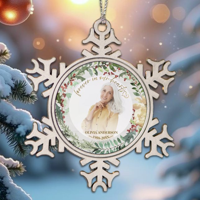 Forever in our Hearts | Wreaths Photo Memorial  Snowflake Pewter Christmas Ornament (Creator Uploaded)