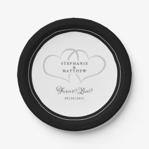 Forever Love Elegant Wedding Hearts Black & White Paper Plate