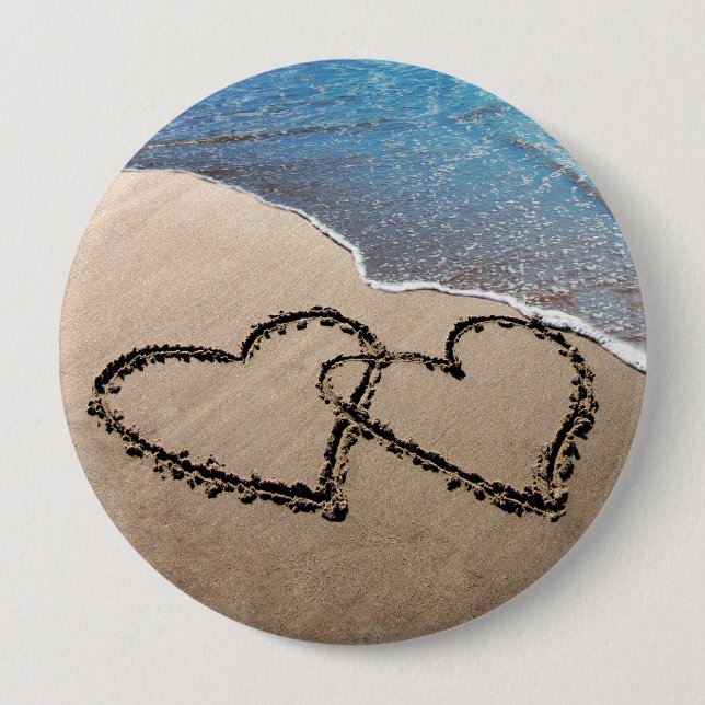 Forever Love Two Hearts In Sand Beach Button Pin (Front)
