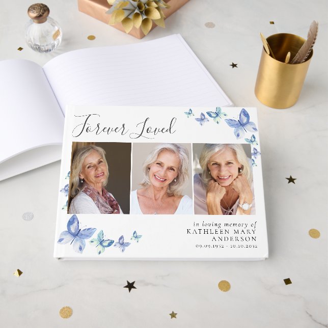 Forever Loved 3 Photo Butterfy Memorial Funeral  Guest Book (Front Open)