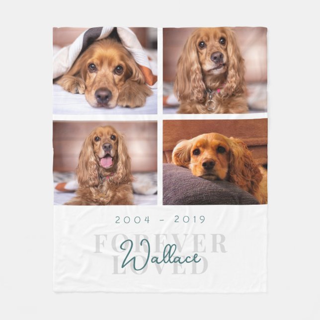 Forever Loved Pet Dog Memorial Photo Collage White Fleece Blanket (Front)