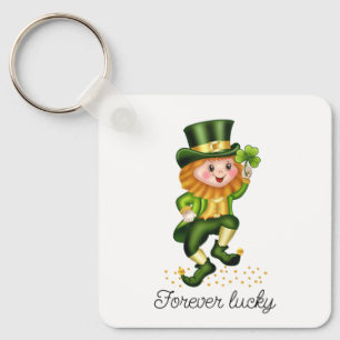 Forever Lucky Green Gnome & Monogram on White Keyc Key Ring