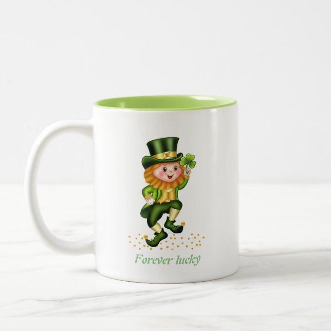 Forever Lucky Green Gnome & Monogram Two-Tone Coffee Mug (Left)