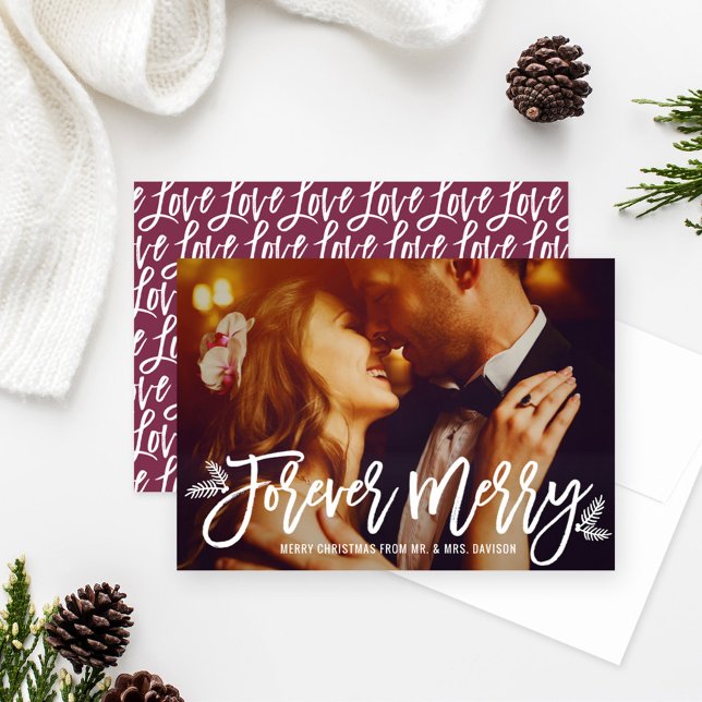 Forever Merry Wine Red Wedding Photo Holiday Card (Creator Uploaded)
