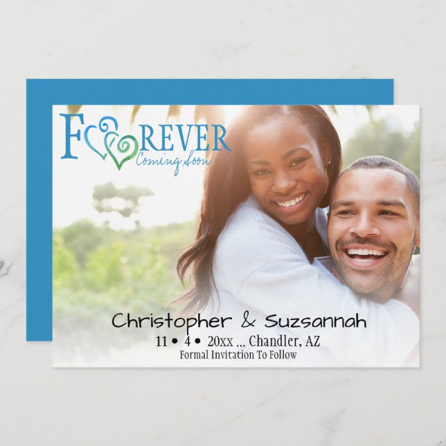 FOREVER Save The Date Blue Green Linked Hearts Announcement (Front/Back)