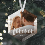 Forever Script Overlay Personalised Couples Photo Glass Tree Decoration<br><div class="desc">Create a sweet keepsake of your wedding,  engagement,  anniversary,  honeymoon or special moment with this custom ornament that's perfect for couples. Add a favourite photo,  with "forever" overlaid in casual brush script hand lettering,  and your initials beneath.</div>