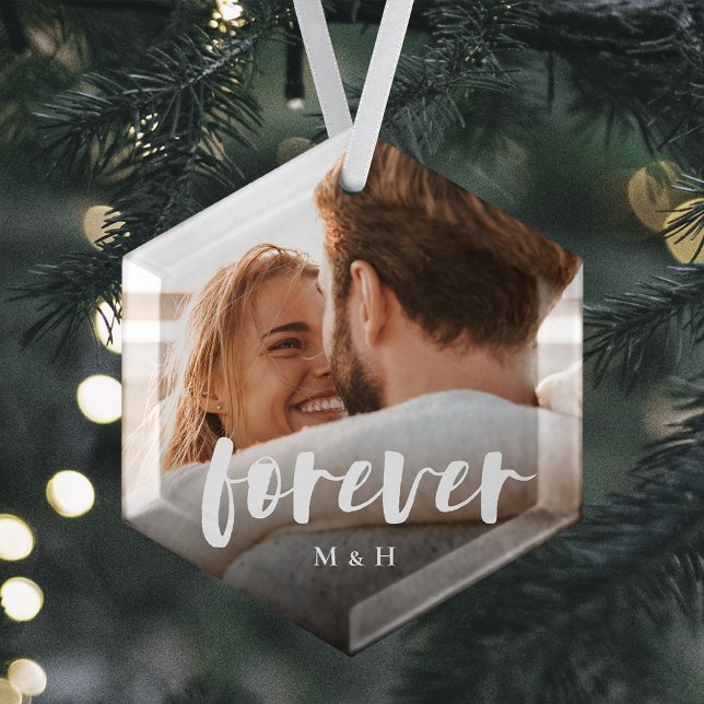 Forever Script Overlay Personalised Couples Photo Glass Tree Decoration (Creator Uploaded)