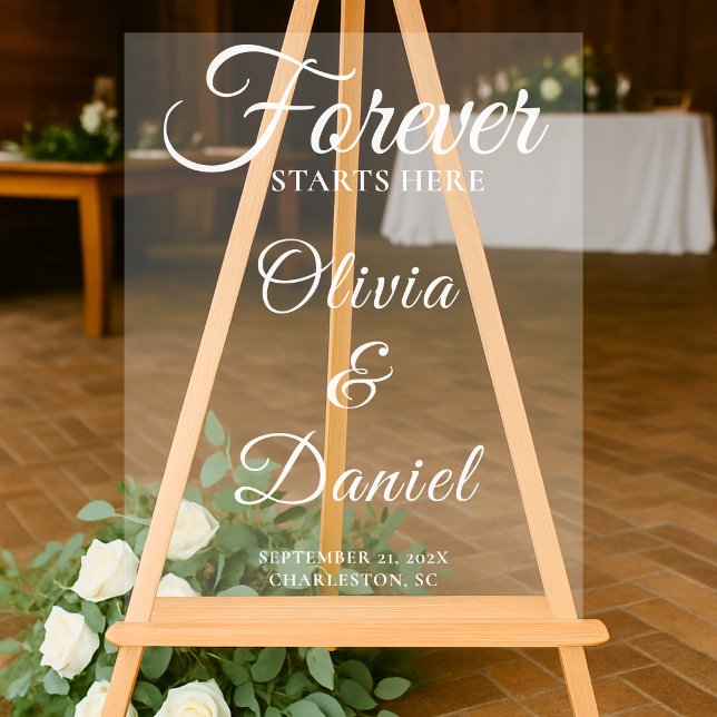 Forever Starts Here Elegant Wedding Welcome Acrylic Sign (Creator Uploaded)