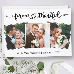 Forever Thankful Calligraphy Heart 3 Photo Wedding Thank You Card