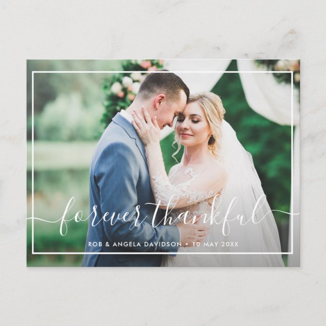 forever thankful white script wedding postcard (Front)