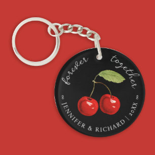 Forever Together Pretty Black Red Cherries Couple  Key Ring