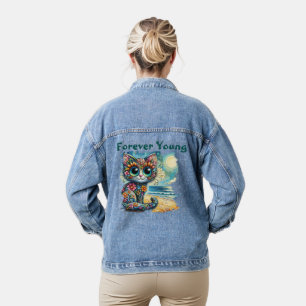 Forever Young Whimsical Floral Kitty Cat Painting Denim Jacket