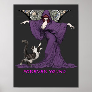 Forever Young Witch and Cat Art Nouveau T-Shirt Poster