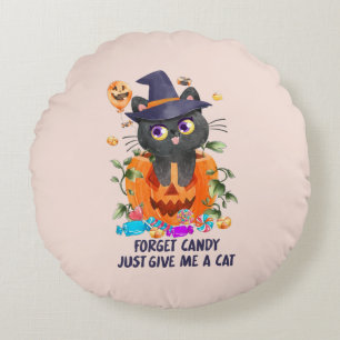 Forget Candy Just Give Me A Cat – Witch Cat Round Cushion