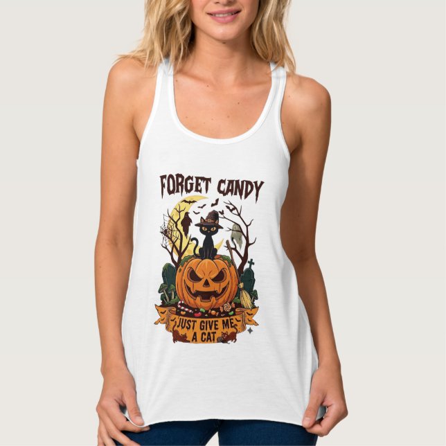 Forget Candy Just Give Me Cat Halloween Pumpkin_1 Singlet (Front)
