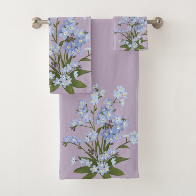 Forget-me-not and Foliage on Lavender Background  Bath Towel Set (Insitu)